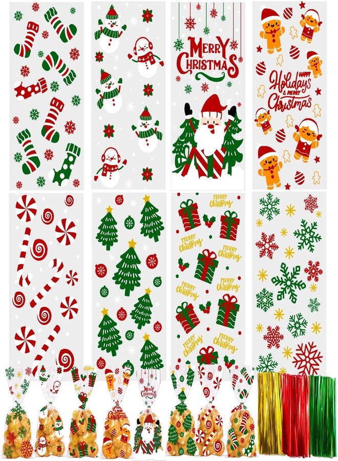 YUJUN 160 PCS Christmas Cellophane Treat Bags,Santa Claus Goodie Candy Xmas Clear Cello Bags Twist Ties for Winter Christmas Theme Party Favor Supplies(8 Styles) - Image 1